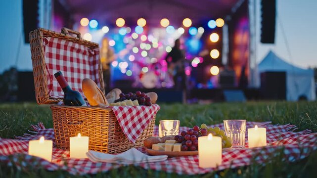 Enjoying Picnic With Wine, Bread and Fruit at Outdoor Music Event