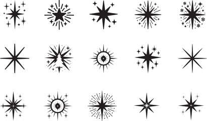 Christmas starburst shapes and sparkle flare silhouette set for festive decorative vector design.