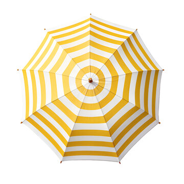 Top view of a striped white-yellow beach umbrella isolated on white background