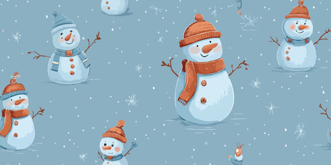 Adorable vector pattern with watercolor snowmen wearing scarves and hats on a snowy blue background for design, cozy winter fabrics, and cheerful greeting cards.