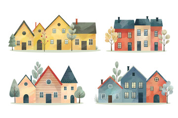 Cute childish buildings and trees. Set of watercolor scandinavian houses. Cozy village mood. Nordic homes