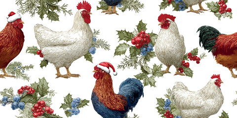 Classic Christmas repeating pattern with detailed illustrations of farm chickens and roosters wearing Santa hats among holly berries for design, holiday fabrics, and rural decor © Eli Berr