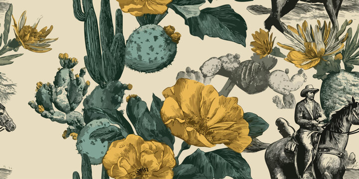 Vintage western vector repeating pattern with a cowboy riding a horse among desert flowers and cactus plants for design, home decor, and authentic branding