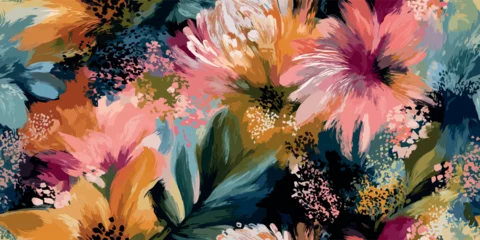 Expressive vector floral repeating pattern with gestural brushstrokes in pink, blue, yellow, and deep green for design, contemporary fabrics, and colorful packaging © Eli Berr