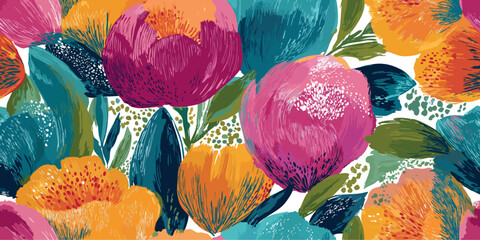 Abstract vector repeating pattern of textured colored spheres and botanical outlines in teal, orange, and yellow for design, contemporary fabrics, and creative packaging
