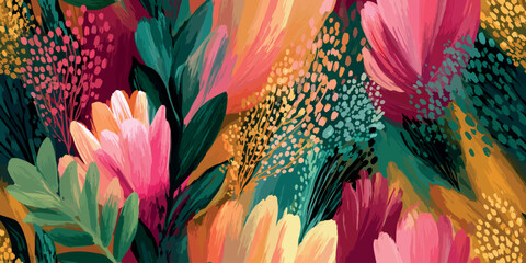 Fototapeta premium Maximalist abstract floral vector pattern with vivid brushstrokes in pink, yellow, teal, and burgundy for design, expressive apparel, and dynamic home decor