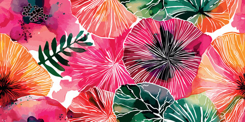 Stunning abstract watercolor pattern of stylized fan-shaped flowers in fuchsia, orange, and deep green for design, artistic fabrics, and unique home decor