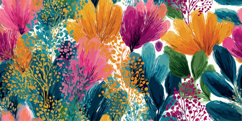 Abstract floral vector pattern with vibrant layered pink, fuchsia, teal, and orange brushstrokes and tiny berry details for design, statement fabrics, and joyful branding © Eli Berr