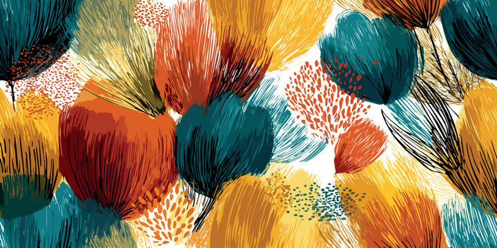 Expressive abstract vector pattern featuring vivid brushstrokes and textured colorful spheres in teal, yellow, red, and pink for design, art-focused fabrics, and modern stationery