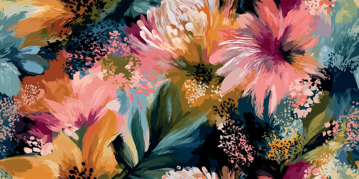 Expressive vector floral repeating pattern with gestural brushstrokes in pink, blue, yellow, and deep green for design, contemporary fabrics, and colorful packaging