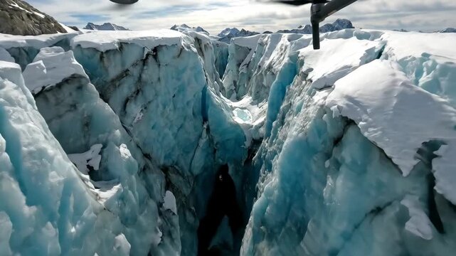 Helicopter views from above showing a deep glacier crevasse revealing textured blue ice and cracks surrounded by vast snowfields and rugged mountain peaks