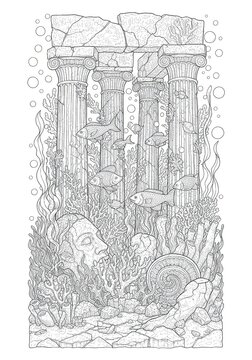 Majestic Castle/Tower Anti-Stress Coloring Template  Highly detailed Architecture drawing with floral and geometric patterns. Monochrome outline art perfect for mindfulness coloring