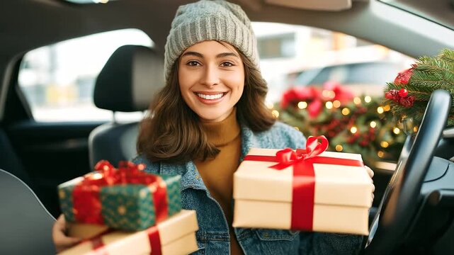 Happy woman delivering, Christmas gifts friends, family packing presents, car enjoying festive, mood holiday spirit, seasonal generosity display, gift distribution moment, faceless