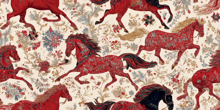 Intricate vector pattern with decorated red horses among classic flowers and leaves in gold, blue, and white for design, upscale fabrics, and royal packaging