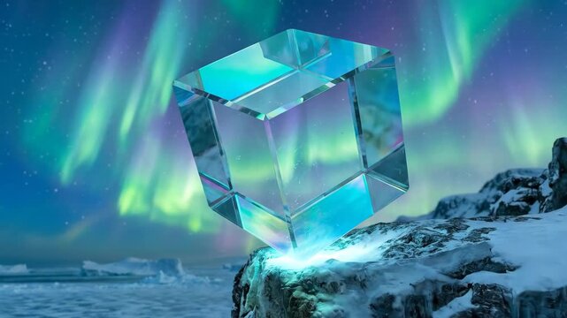 Floating transparent crystal cube reflecting vibrant aurora borealis, perched precariously on a snow-covered rocky cliff overlooking an icy arctic landscape with distant icebergs