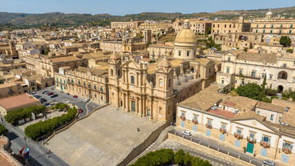 Aerial closeup of the facade of Noto Cathedral located in the historic center of the town in...