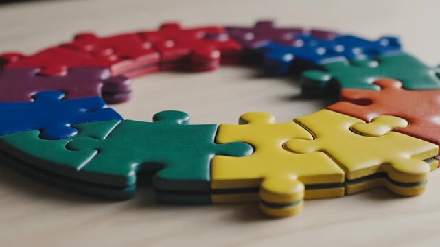 Colorful interlocking puzzle pieces form a circular ring on a light wooden surface. Soft ring forms
