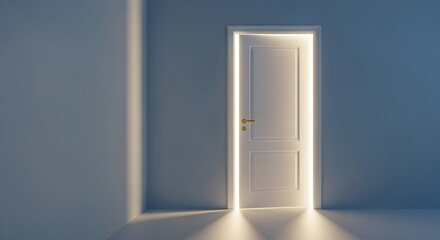 A white door stands ajar in a dimly lit room with soft light emanating outward.