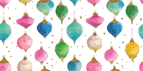 Charming vector pattern of hand-drawn vintage Christmas ornaments in pastel pink, yellow, blue, and green with gold glitter for design, delicate wrapping paper, and holiday decor