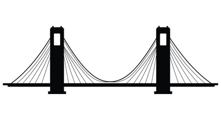 A striking black and white illustration of a suspension bridge with a bold design silhouette