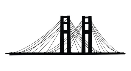 A striking depiction of a suspension bridge with towering structures rendered as a bold silhouette
