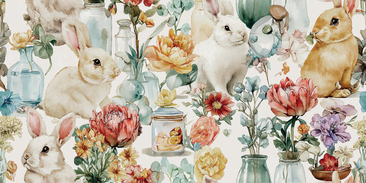 Vibrant botanical pattern featuring realistic rabbits among colorful dahlias, chrysanthemums, and glass jars for fabrics, eclectic home decor, and creative packaging