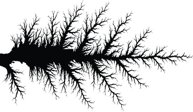 Lichtenberg figure fractal pattern, black electric discharge silhouette, lightning bolt wood burning effect, organic branching nerve structure vector