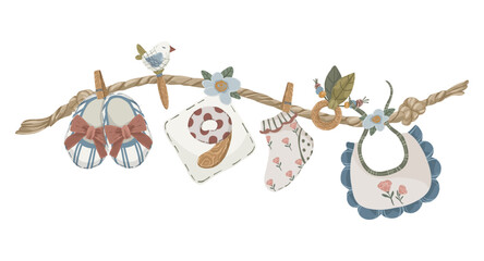 Baby accessories toys and clothes on rope garland, hand drawn vector illustration of newborn baby accessories hanging on string for baby birth cards and announcements.