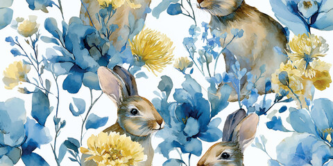 Charming spring watercolor pattern of Easter bunnies nestled among bright yellow and classic blue flowers, ideal for fabrics, baby blankets, and cheerful stationery
