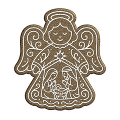 Fototapeta premium Gingerbread angel cookie decorated with white icing, depicting the nativity scene with mary, joseph, and baby jesus in a manger under a star, on a transparent background