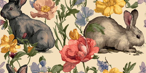Luxury vintage botanical pattern featuring detailed bunnies surrounded by bright yellow, peach, and coral spring flowers for high-end textiles, fabrics, and sophisticated stationery © Eli Berr