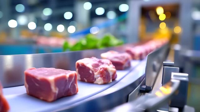 Raw meat moves, fast industrial conveyor, belt processing line, automated transport system, food production machinery, high-speed operations, hygiene facility display, defocused eq