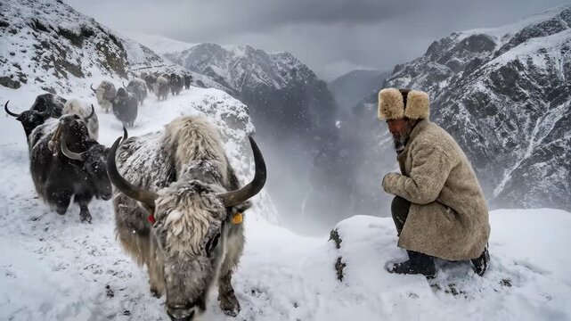 Shepherd carefully watches over his herd of yaks navigating a narrow, snow-covered mountain path, showcasing resilience and traditional livestock management in a harsh, cold environment