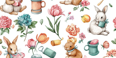 Whimsical Easter pattern featuring cute cartoon bunnies in various colors with charming spring flowers and gardening elements for children's fabrics and cheerful stationery