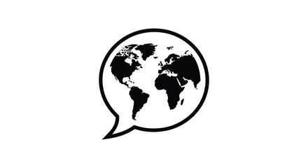 A striking black and white image of a world globe within a speech bubble silhouette
