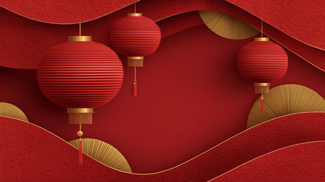Chinese New Year background, red gradient, red lanterns with fan-shaped decorations, modern festive design. vector style, suitable for presentation or banner.