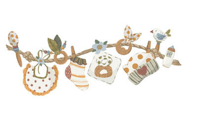 Baby accessories toys and clothes on rope garland, hand drawn vector illustration of newborn baby accessories hanging on string for baby birth cards and announcements.