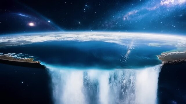 Flat Earth waterfall at edge of world in outer space with oceans pouring into cosmic void. Conspiracy concept. Digital render.