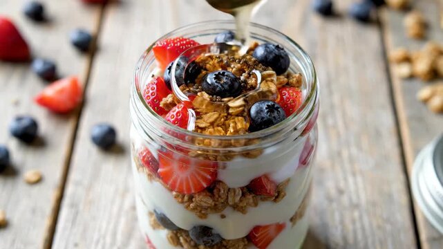 Delicious Yogurt Parfait with Fresh Berries and Granola.
