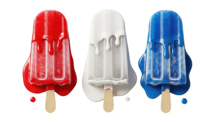 Three patriotic red white and blue popsicles melting isolated on transparent background