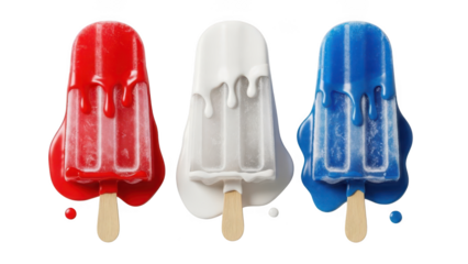 Three patriotic red white and blue popsicles melting isolated on transparent background