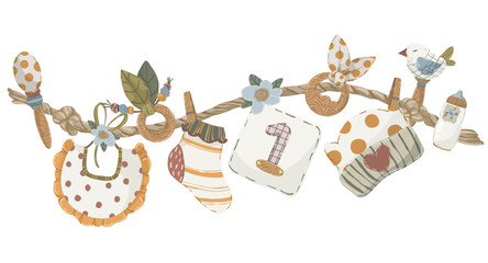 Baby accessories toys and clothes on rope garland, hand drawn vector illustration of newborn baby accessories hanging on string for baby birth cards and announcements.