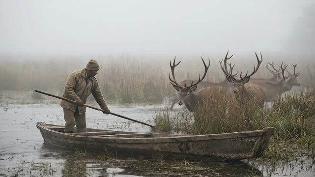 Man stands in a wooden punt using a long pole to push through a foggy reedy marsh as a herd of red deer with large antlers wades nearby at dawn