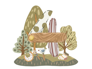 Composition with number, hand drawn vector illustration with stylized number, mountains, trees and rainbow for greeting cards, posters and educational children's design.