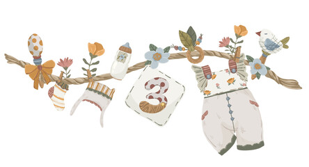 Baby accessories toys and clothes on rope garland, hand drawn vector illustration of newborn baby accessories hanging on string for baby birth cards and announcements.
