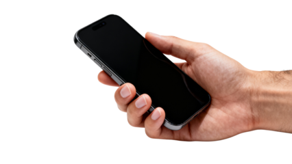 Hand Holding Modern Smartphone with Blank Screen on Transparent Background