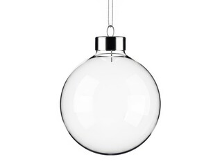 Clear transparent glass christmas ornament ball hanging with silver cap isolated on white background