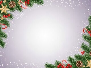 Christmas holiday border frame with pine branch, candy cane, star, and falling snow on light background