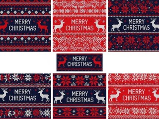 Collection of seamless ugly sweater knit patterns with reindeer and merry christmas text in red and blue