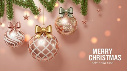 Festive christmas ornaments hanging with soft lighting and a warm pink background